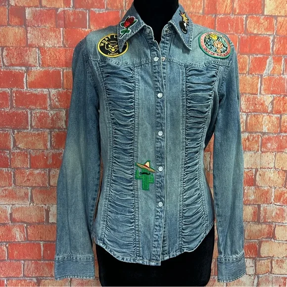Newport News Jeanology Snap Front Ruched Denim Shirt with Patches - Picture 1 of 7